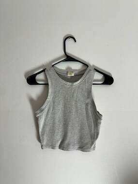 Destined Grey Ribbed High Neck Crop Tank Top, Size Medium